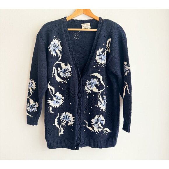 Vintage Susan Bristol Navy Blue Floral Beaded Cardigan M - Picture 1 of 9